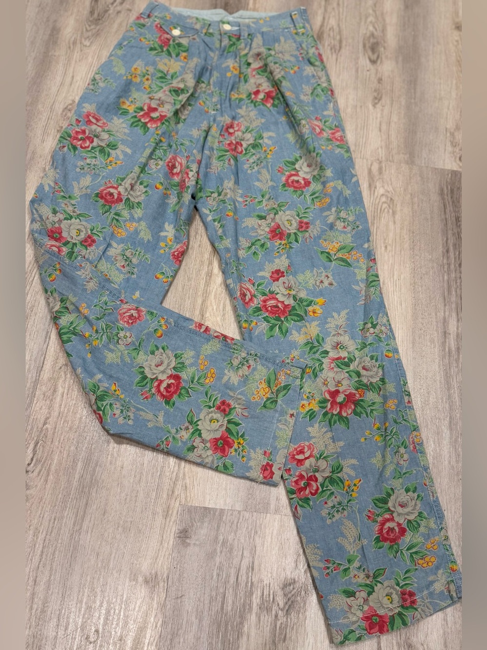 Vintage Ruff Hewn Women's Blue Floral Denim Chino Pleated Pockets Size 4